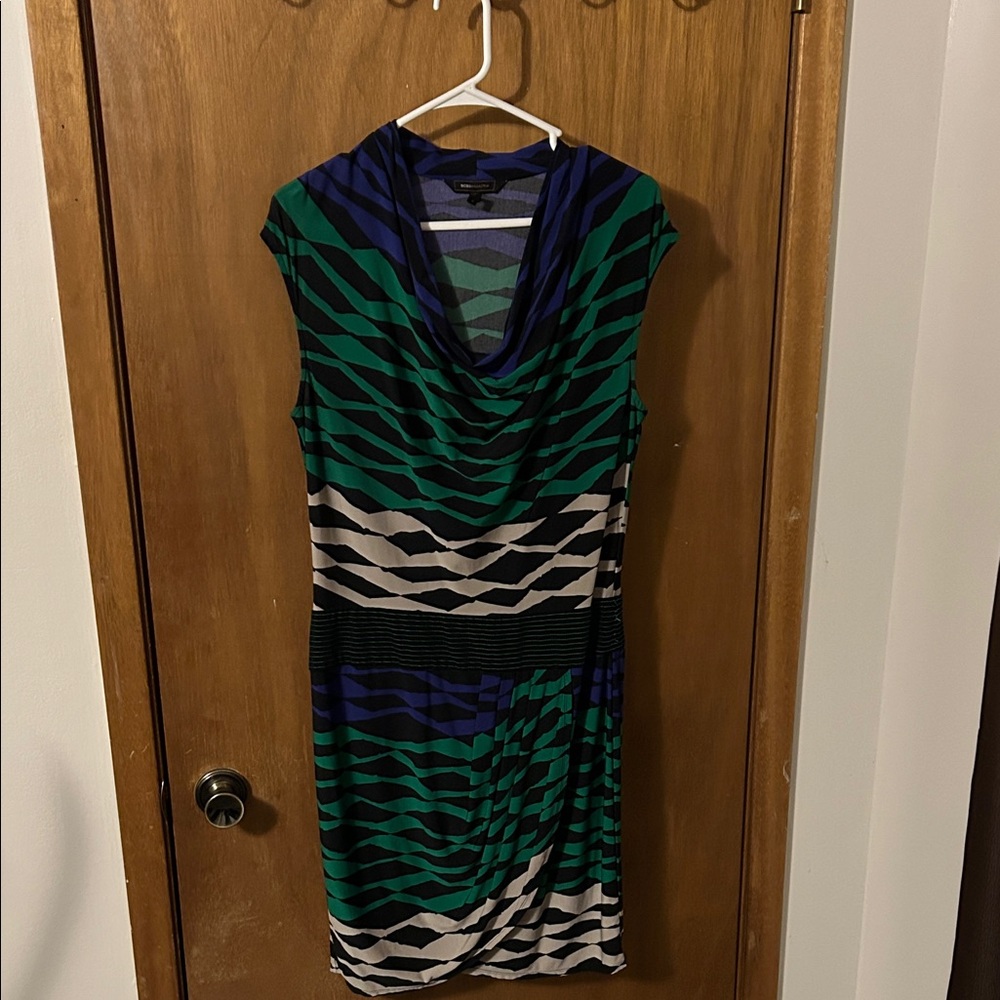 BCBG Maxazria Sleeveless Green & Blue Patterned Cowl Neck Dress